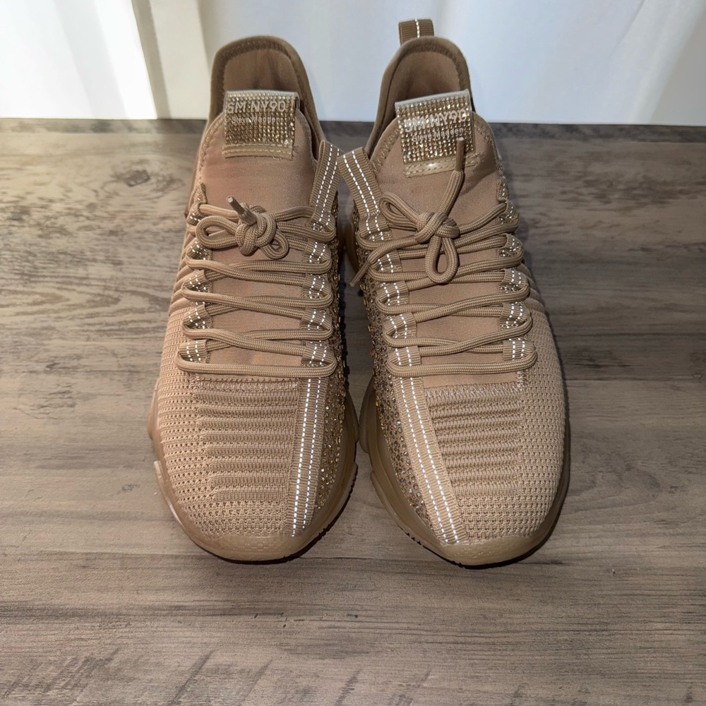 Womens Beige Knit Athletic Sneakers with Rhinestone Accent